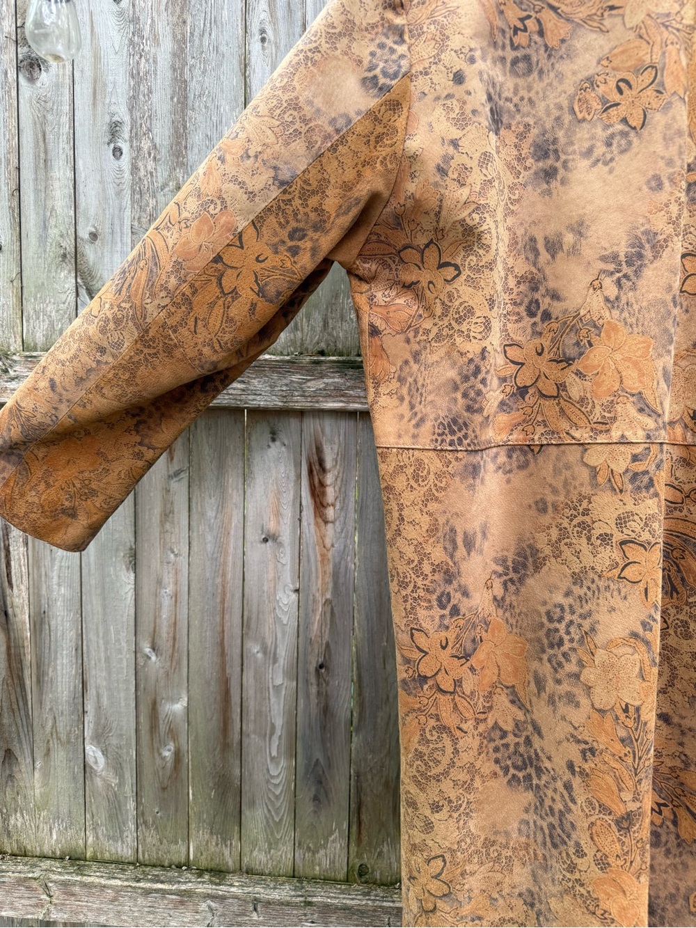 Coldwater Creek Floral Printed Tan Suede Duster Coat Leopard Bohemian Jacket - Picture 10 of 14